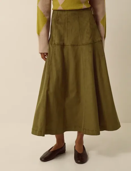 Monsoon Suedette Midi A Line Skirt Khaki