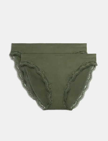 Marks & Spencer 2 Pack Jasmine Lace Seamless High Leg Knickers Khaki