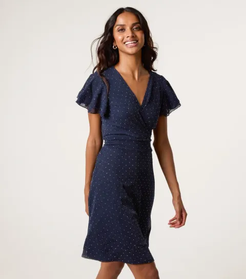 Women's Navy Diamanté Wrap Mini Dress