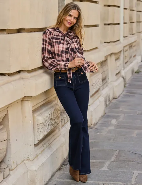 SOSANDAR Checked Tie Neck Blouse Brown Mix