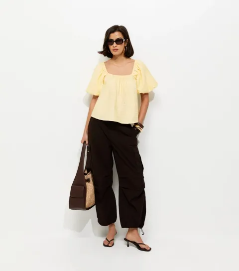Women's Yellow Puff Sleeve Tie Back Top