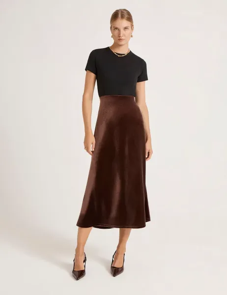 Finery London Velvet Midi Slip Skirt Brown