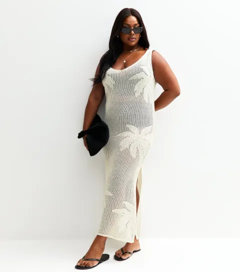 Women's Plus Size Cream Palm Design Beach Maxi Dress Curves