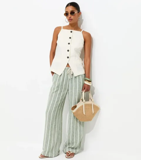 New Look Women's Green Striped Wide Leg Trousers