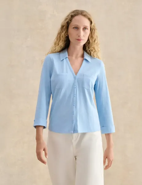 Hobbs Pure Cotton Collared V-Neck 3/4 Sleeve Shirt