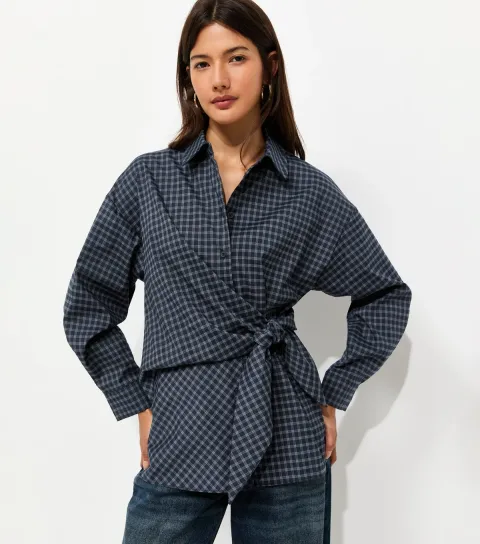 Women's Blue Check Side Tie Long Sleeve Shirt