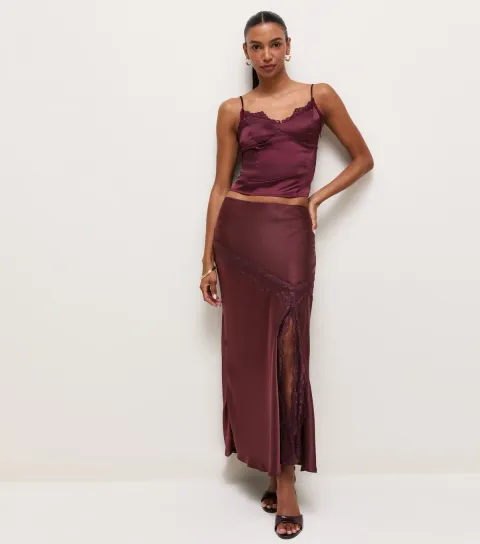 New Look Women's Dark Burgundy Asymmetric Lace Satin Midi Skirt