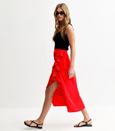 New Look Women's Bright Red Textured Ruffle Side Midi Skirt
