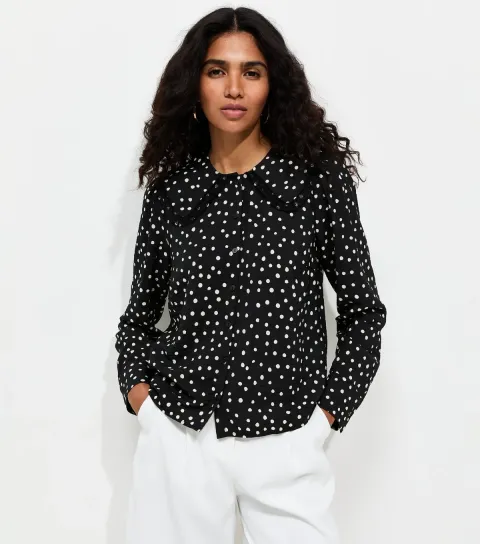 Women's Black Spot Print Lace Collar Shirt