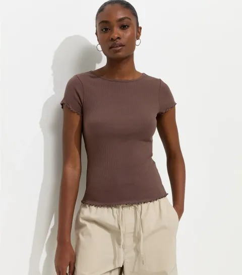 Women's Dark Brown Cotton Rich Ribbed Babylock T-Shirt