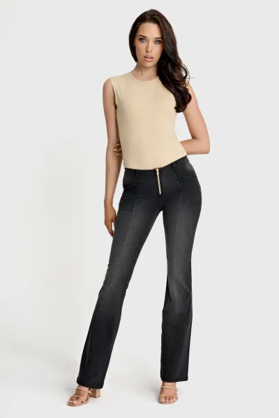 Freddy WRUP Denim with Gold Zip - Mid Rise - Flare - Black + Black Stitching
