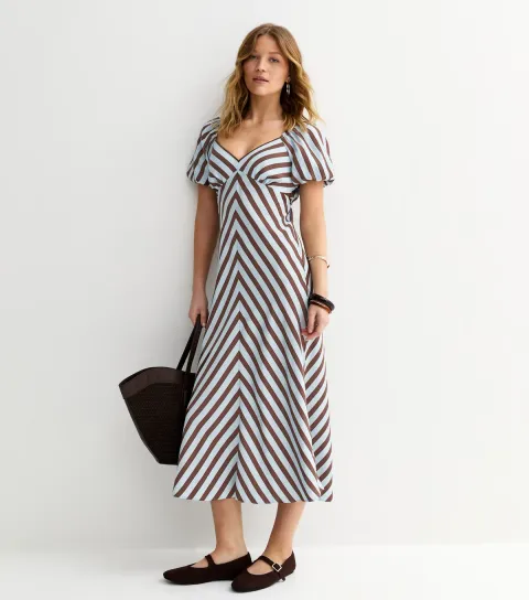 Women's Blue Contrast Stripe Puff Sleeve Midi Dress