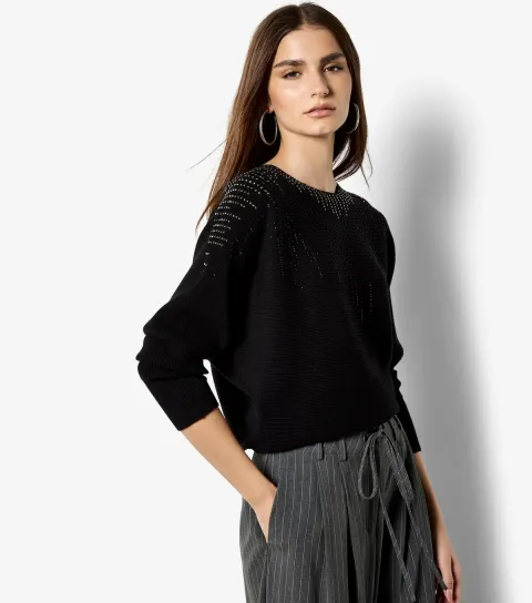 Women's Black Gradual Sparkle Batwing Jumper