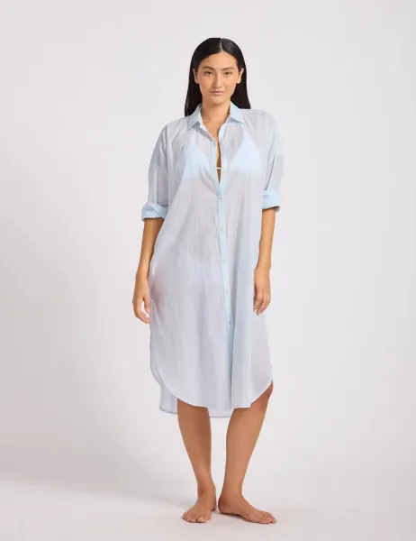Seafolly Pure Cotton Textured Beach Cover Up Shirt Blue