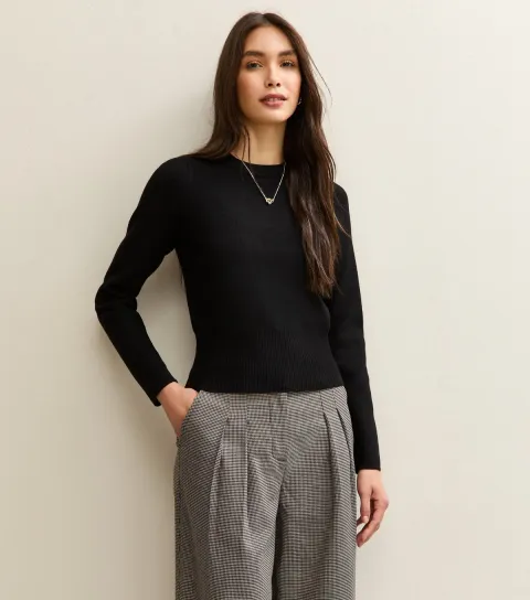 New Look Women's Black Ribbed Knit Crew Neck Jumper
