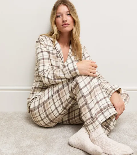 New Look Women's Brown Cotton Check Shirt and Trousers Pyjama Set