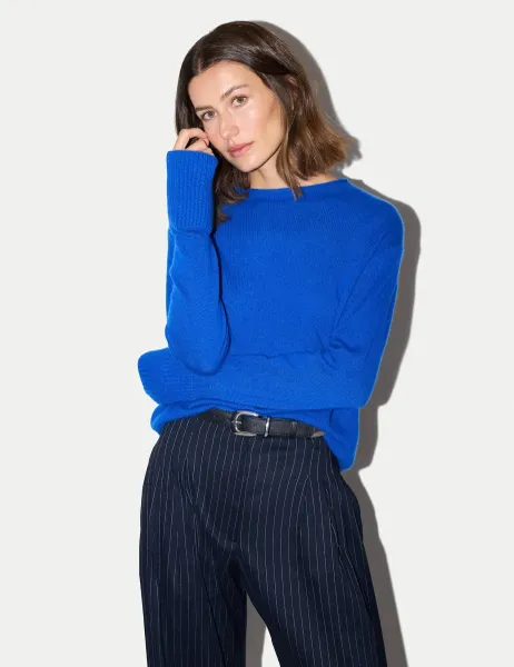 Jigsaw Pure Cashmere Round Neck Fluted Cuff Jumper Medium Blue