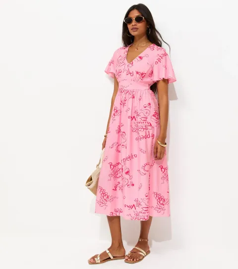 Women's Pink Vino Print Flutter Sleeve Midi Dress