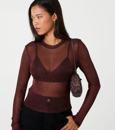 Pink Vanilla Women's Dark Brown Fine Knit Sparkle Top