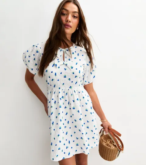 Women's White Textured Blueberry Print Bow Mini Dress