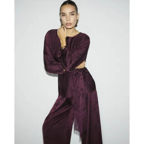 River Island Burgundy Satin Floral Obi Belt Batwing Top