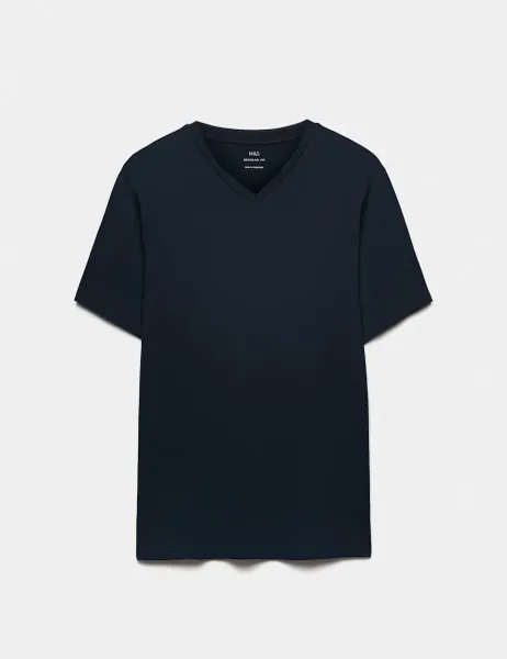 Marks & Spencer Pure Cotton V Neck T-Shirt Navy