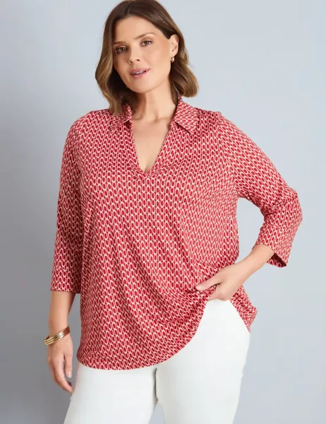 Jersey Geometric V-Neck Top Red Mix