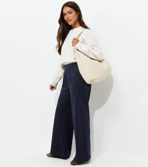 Women's Petite Blue Pinstripe Wide Leg Trousers