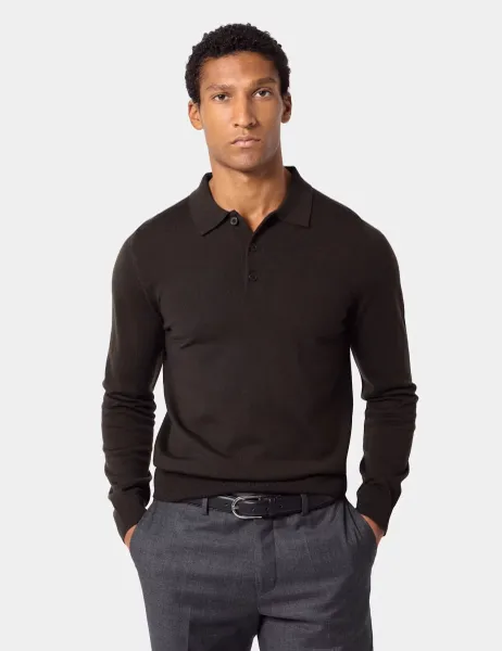 Hawes & Curtis Pure Wool Long Sleeve Polo Shirt Olive