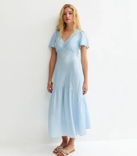 Women's Blue Polka Dot Tiered Midi Tea Dress