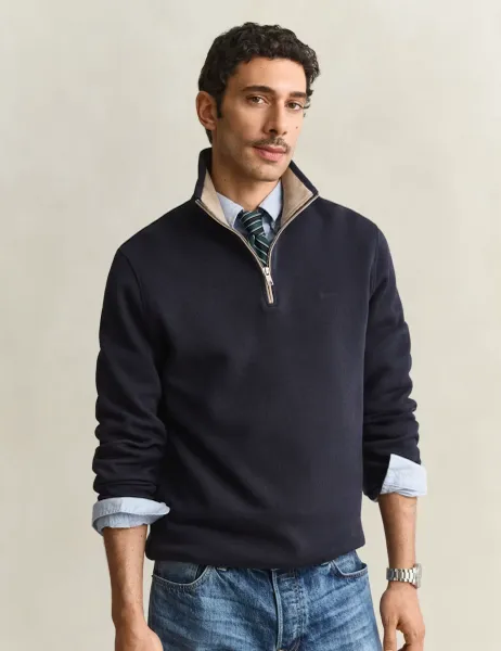 Gant Pure Cotton Ribbed Half Zip Sweatshirt Navy