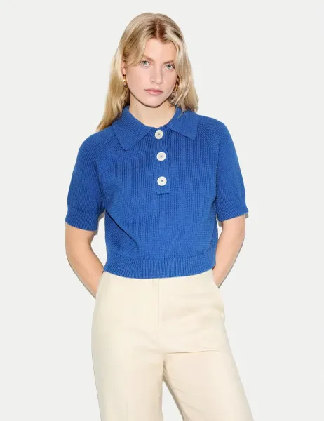 Jigsaw Cotton Rich Collared Knitted Top Blue