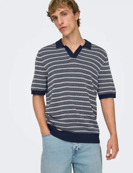 Only & Sons Pure Cotton Striped Polo Shirt Navy Mix