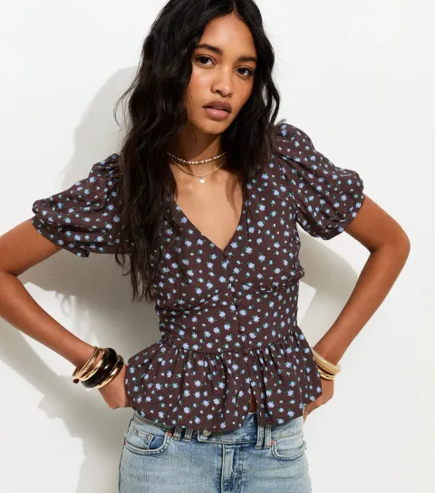Women's Brown Floral Puff Sleeve Tea Blouse