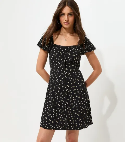 Women's Black Floral Print Button Front Ditsy Print Mini Dress