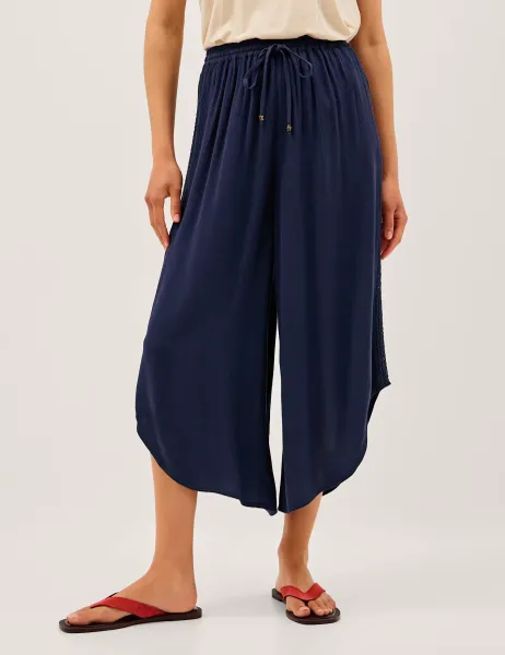 Monsoon Drawstring Wide Leg Cropped Trousers Navy