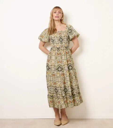 Women's Green Abstract Print Puff Sleeve Midi Dress
