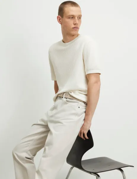 River Island Pure Cotton Textured Knitted T-Shirt Ecru