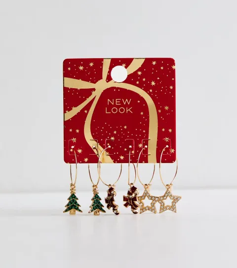 New Look Pack Of 3 Gold Tone Christmas Charm Hoop Earrings