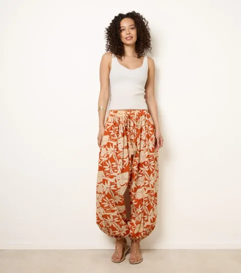 Women's Orange Floral Print Balloon Pants