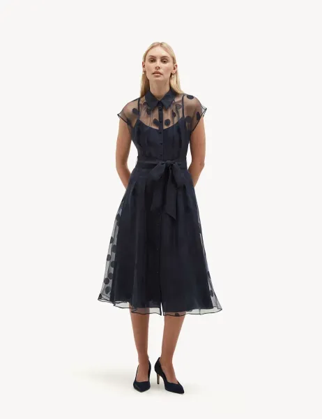 Hobbs Sheer Polka Dot Knee Length Shirt Dress Blue
