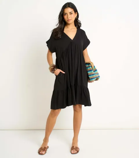 Women's Black V Neck Tiered Smock Dress