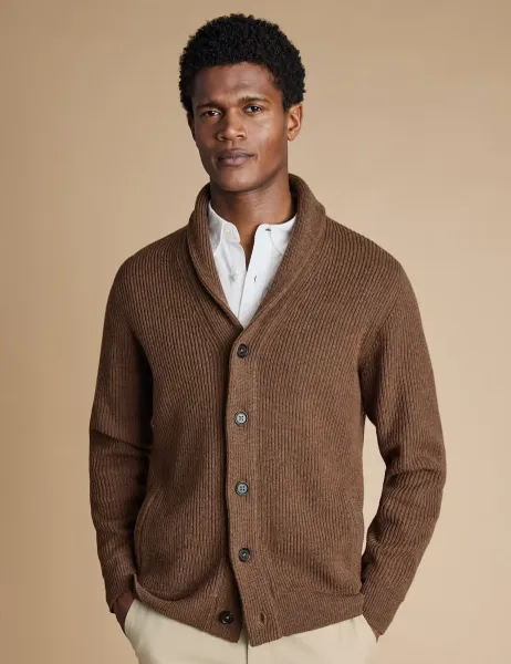 Charles Tyrwhitt Pure Merino Wool Shawl Collar Cardigan Brown