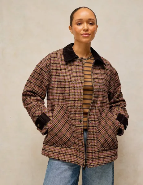 White Stuff Jackson Checked Coat with Wool Pink Mix