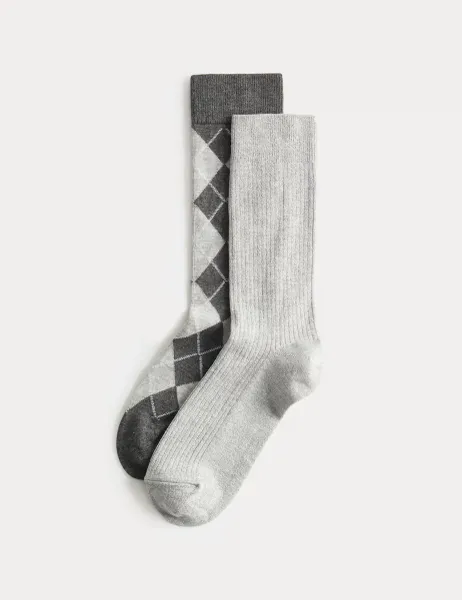 Marks & Spencer 2 Pack Argyle Crew Socks Grey Mix