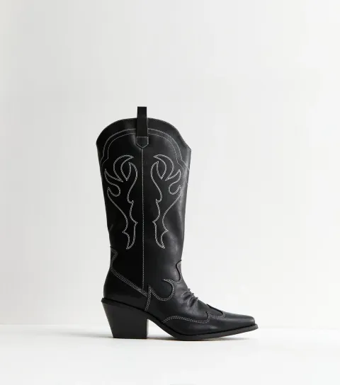 Women's Black Faux Leather Stitch Detail Cowboy Boots Vegan