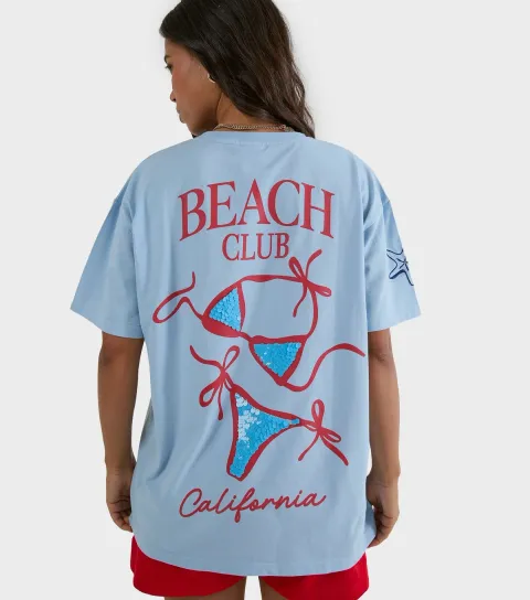 Women's Light Blue Cotton Beach Club Oversized T-Shirt