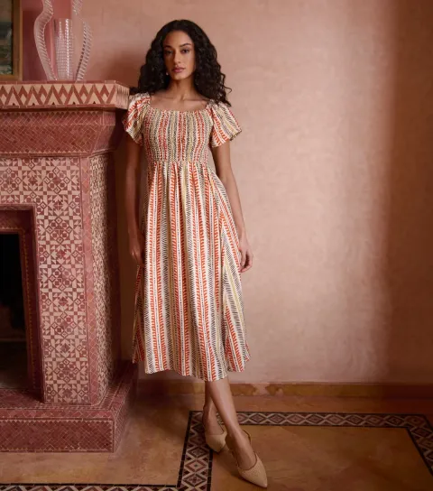 Women's Orange Striped Shirred Midi Dress