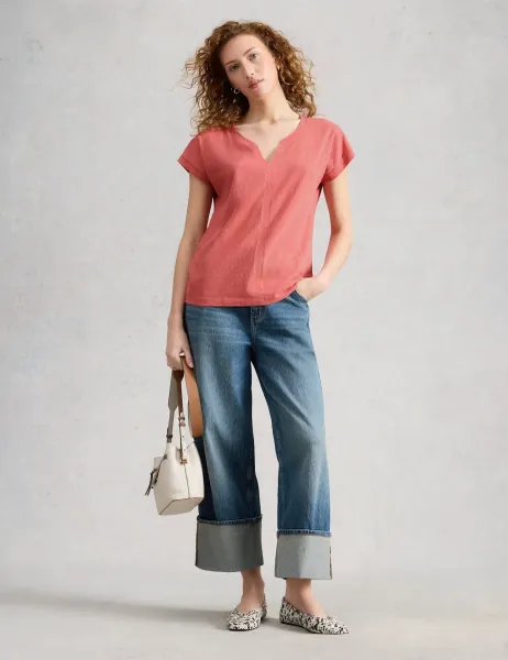 White Stuff Pure Cotton Jersey V-Neck T-Shirt Pink
