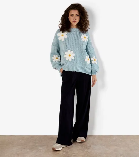 Women's Blue Daisy Embroidered Jumper